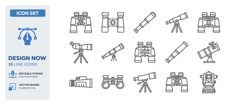 flat vector illustration line art icon bundle set design showcasing astronomy telescopes optical binoculars stargazing equipments space exploration tools and vision UI