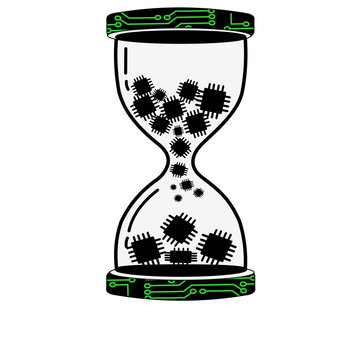 Recoded time technological revolution hourglass vector illustration with microchips, digital transformation concept