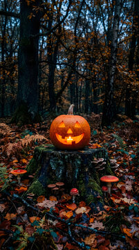 Enchanting halloween pumpkin scene jack o' lantern in a spooky autumn forest