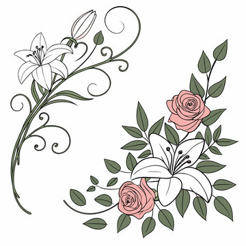 Floral corner arrangements with white lilies and pink roses with green leaves on a plain white background