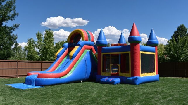 Vibrant inflatable castle and slide set up on a sunny green lawn