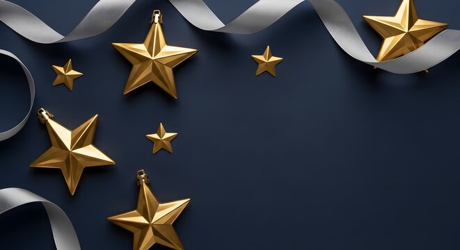 Elegant gold stars and silver ribbons on dark blue background.