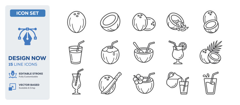 flat vector illustration line art icon bundle set design focusing on tropical coconut drinks summer beach cocktails sweet fruit juices and holiday refreshing beverages