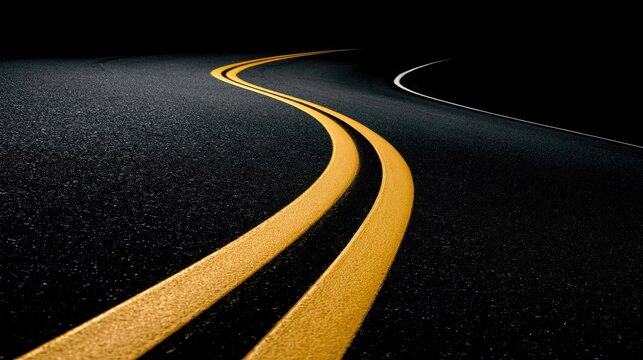 Dark road with yellow double lines curving into the distance