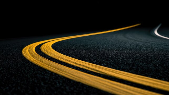Winding asphalt road curves into darkness, illuminated by yellow lines