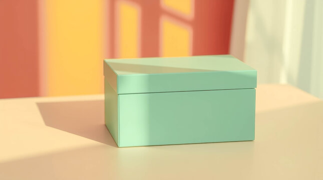 Mint green rectangular storage box sitting on a warm terracotta surface under bright golden hour sunlight. minimal product mockup, modern interior decor, stylish organization.