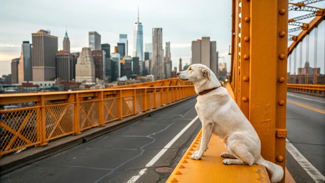 A white dog sits on the orange railing of a bridge with a city skyline in the background, urban pet adventure, travel companion, city lifestyle.