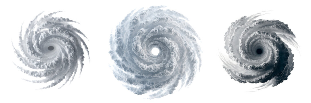  Set of Aerial view of a large swirling storm system isolated on a transparent background