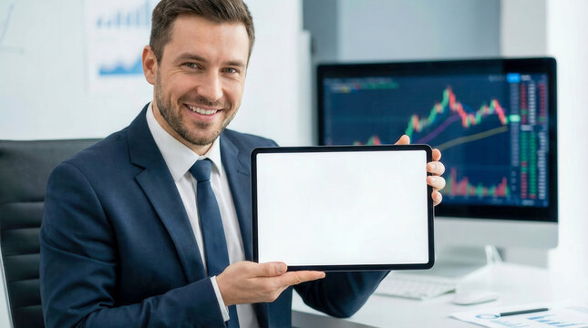 Smiling man in suit showing a blank tablet screen in an office with trading charts on monitors, corporate business, modern finance, digital marketing.