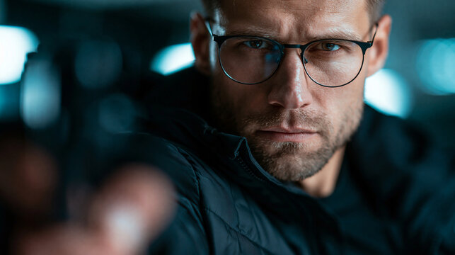 Man in a black jacket and glasses holding a firearm prop, cinematic thriller character, dramatic action movie still, with copy space