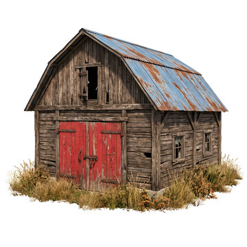 Abandoned wooden barn with red doors isolated on transparent background