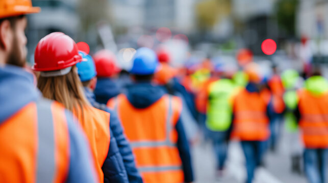 Workers marching together for labor rights, defocused city street, solidarity and workplace justice, with copy space