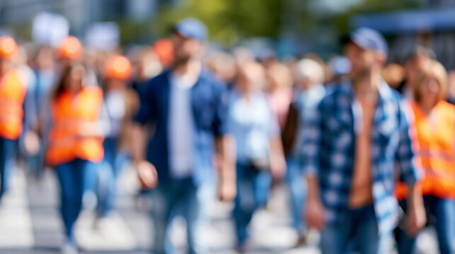 Workers marching together for labor rights, defocused city street, solidarity and workplace justice, with copy space