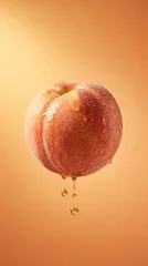 Fresh juicy peach with water droplets levitating in air with golden juice dripping down on warm orange gradient background, ripe summer fruit food photography concept with copy space. © Anastasia
