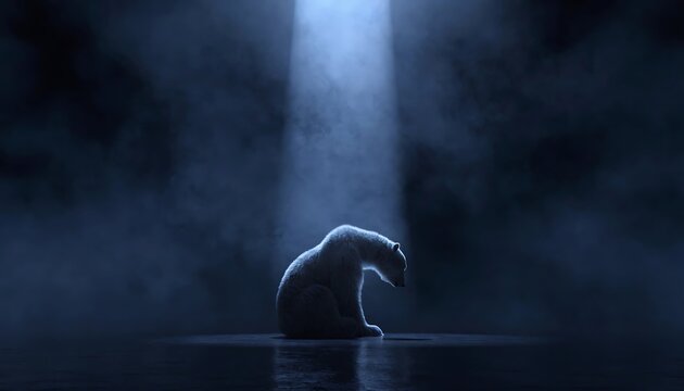 Lonely polar bear sitting in dark spotlight on ice with spotlight environment wildlife extinction isolation