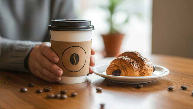 Hands holding a paper coffee cup next to a plate of fresh croissants on a warm wooden cafe table. morning breakfast, cafe lifestyle, delicious pastry.