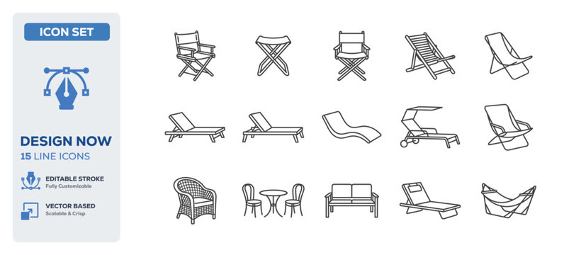 flat vector illustration line art icon bundle set design covering folding beach chairs outdoor summer sunbeds comfortable pool lounges and holiday trip relaxing seats UI