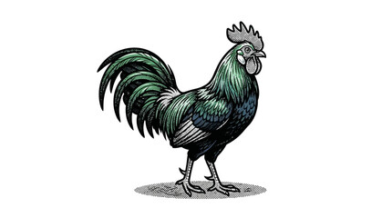 Colorful Rooster Standing on Ground. © Tia