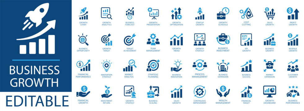 Business growth icons set, vector illustration collection of professional symbols for business development, financial success, strategic planning, and corporate management