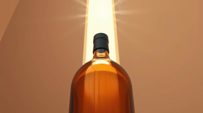 Elegant amber glass bottle illuminated by a striking beam of warm light against a brown background. luxury cosmetic packaging, modern aesthetic, premium branding.