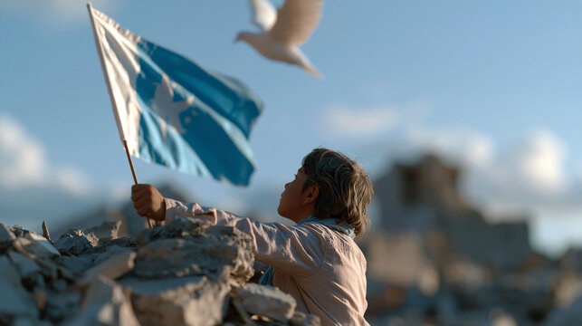 Faceless child holding a national flag amid rubble and destruction, with a peace dove flying above, hope symbolism, anti-violence and peace campaign, with copy space