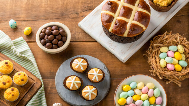 Top down view of a wooden table filled with hot cross buns and colorful chocolate eggs. festive baking concept, sweet pastry spread, holiday meal, Easter.