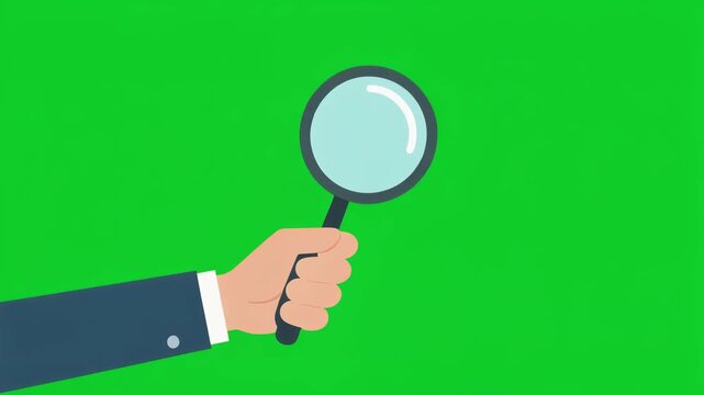 Hand holding magnifying glass for business search or investigation animation, flat vector style corporate discovery metaphor on green background