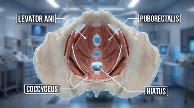 Pelvic floor musculature anatomy showing levator ani and coccygeus with puborectalis