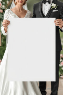 Smiling bride and groom in elegant wedding attire holding a large blank white poster together outdoors. joyful family moment, romantic celebration, wedding day.