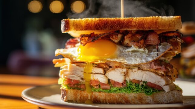Premium triple layer club sandwich with roasted chicken breast, crispy bacon, cheddar cheese, lettuce, ripe tomato, fried egg, creamy aioli, artisan