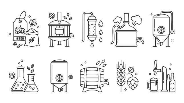 Hand Drawn Home Brewing Equipment Vector Icon Set, Craft Beer Brewing Process Collection, Fermentation Tank Kettle Mash Tun Grain Hops Brewing Tools Minimal Outline Line Art Illustration Isolated