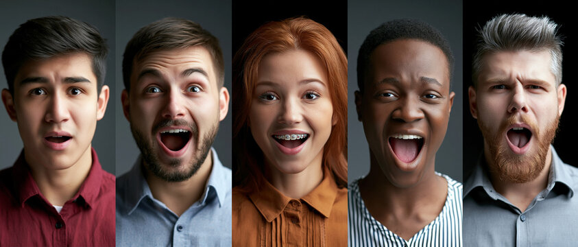 Diverse faces expressing different emotions with joyful expressions  
