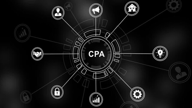 Digital cpa certified public accountant concept with animated hud interface featuring financial business growth graphs, networking symbols, and accounting solutions for global corporate finance
