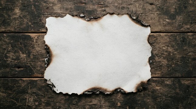 Rectangular piece of old paper with burnt edges and charred borders placed centered on a dark weathered wooden plank background, surface view