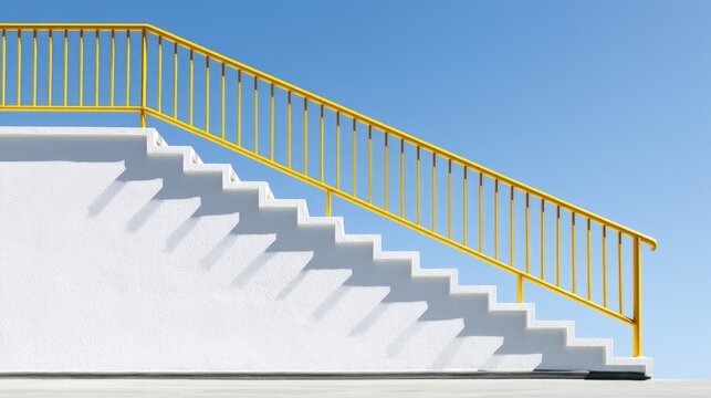 Stark white stairs with bright yellow railing against a clear blue sky