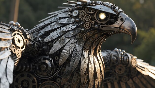 Steampunk mechanical bird with gears and intricate wings