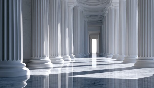 Rows of white marble columns create a bright, grand hallway with reflected light