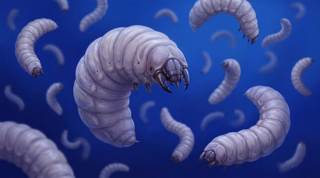 A swarm of detailed white larva creatures with sharp mandibles float in a dark blue abstract space, creating a surreal and slightly unsettling scene.