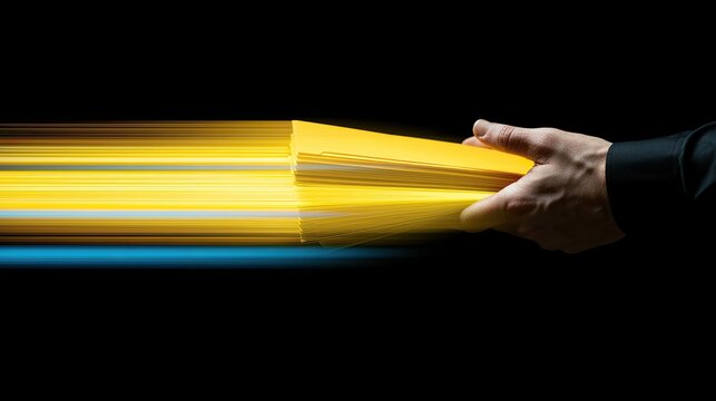 Hand holds bright yellow objects, blurred motion streaks across dark background