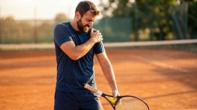 Male tennis player suffering from shoulder pain on clay court after match, holding a racket and ball.