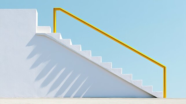 White modern staircase with yellow railing against a bright blue sky