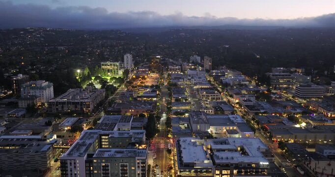 San Mateo California - Aerial View of Downtown at Dusk with Fog in Background Facing West 