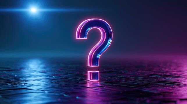 A shimmering, neon-outlined question mark glowing in vibrant blue and pink light