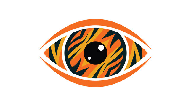 Stylized vector illustration of a sharp feline eye featuring vibrant orange and black tiger stripe patterns designed with clean bold lines for a modern artistic look and creative animal aesthetic.