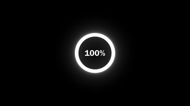 Complete 100 percent loading represented by a bright blue neon circular progress bar on black percentage, 4k quality loading video animation.