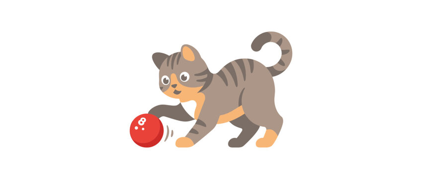 Cute cartoon cat playing with a red ball