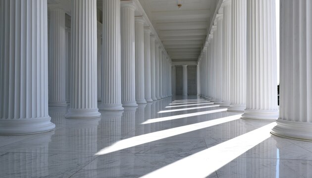 Long sunlit colonnade with marble floor and white fluted pillars receding