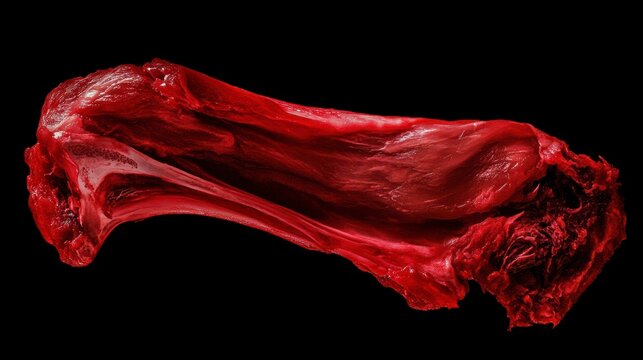 Close-up of a raw, red meat bone on a black background, showcasing its texture and form.