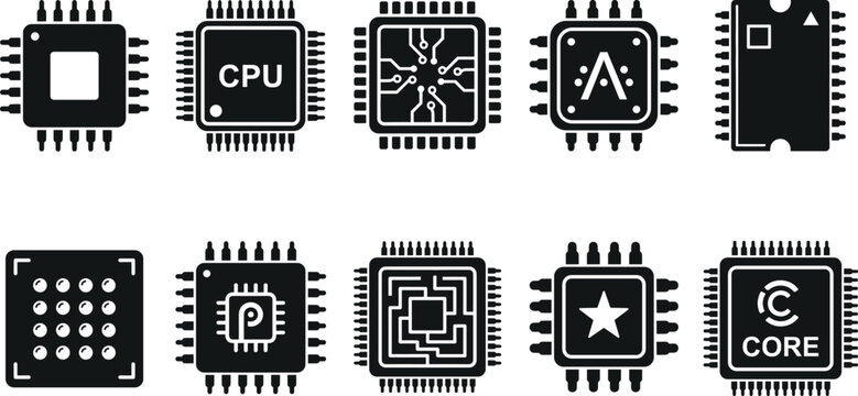 Collection of black vector CPU and microchip processor icons for electronics and technology design