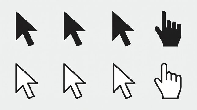 Eight computer cursor icons &mdash; solid and outlined arrows plus hand pointer.